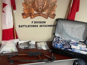 Guns, drugs, illegal cigarettes and cash were among items seized by Battlefords RCMP gang task force when they made three arrests in Cutknife on April 4, 2024.
