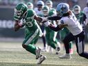 Saskatchewan Roughriders receiver Samuel Emilus (19) runs the ball during first half CFL action at Mosaic Stadium on Saturday, October 21, 2023 in Regina.