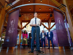 Prime Minister Justin Trudeau speaks during a post=budget visit tp Wanuskewin Heritage Park near Saskatoon on Tuesday, April 23, 2024.