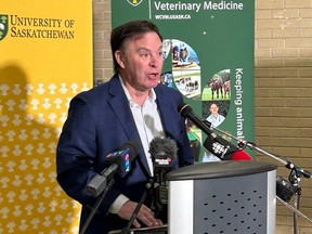 Advanced Education Minister Gordon Wyant speaks at the Western College of Veterinary Medicine in Saskatoon on Friday, April 19, 2024. (Michael Joel-Hansen/Saskatoon StarPhoenix)