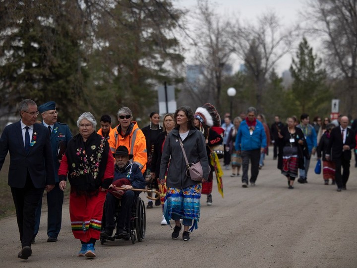 Attendees led by Lieutenant Governor of Saskatchewan Russ Mirasty and his wife Donna Mirasty walk around Wascana lake during an event to proclaim Missing Persons Week in Saskatchewan on Tuesday, Apr. 30 at Conexus Arts Centre.
