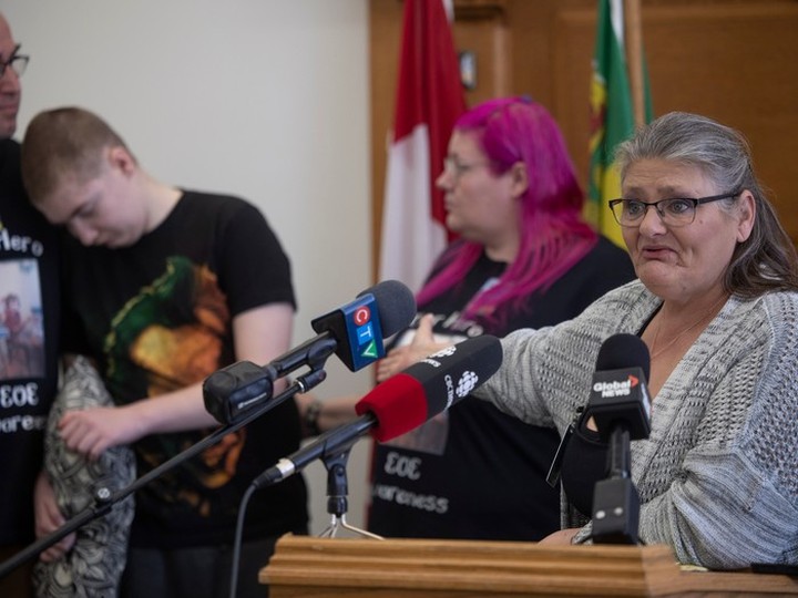  Zachary Engen’s grandmother, Cynthia Schneider, speaks about the family’s hardship with traveling out of town during an NDP press conference inside the Saskatchewan Legislative Building on Wednesday, April 24, 2024 in Regina.
