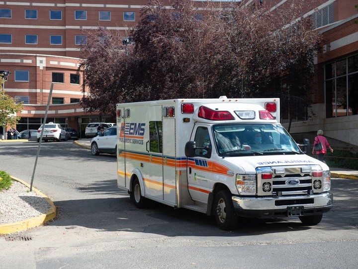  An ambulance leaves Regina General Hospital in Regina, Saskatchewan on Sept. 14, 2021.