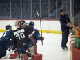 Regina Pats head coach Brad Herauf runs practice during Pats open training camp at the Brandt Centre on Thursday, August 31, 2023 in Regina.