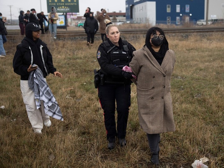  A handful of protesters were arrested after blocking a Canadian Pacific rail line near Park Street and 7th Avenue on Wednesday, April 17, 2024 in Regina.