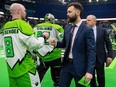Saskatchewan Rush coaches Jimmy Quinlan and Derek Keenan, shown here lined up with players Mike Messenger and goalie Frank Scigliano, will look forward to next season after coming up one win short in 2024.