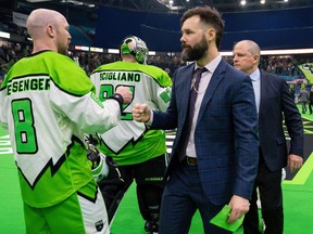Saskatchewan Rush coaches Jimmy Quinlan and Derek Keenan, seen here with players Mike Messenger and goalie Frank Scigliano, will look forward to next season in the NLL after falling one win short in 2024.
