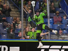 Saskatchewan Rush forward Zach Manns celebrates one of his five goals Saturday night in a 13-8 win over the San Diego Seals at SaskTel Centre in Saskatoon. (Steve Hiscock/Saskatchewan Rush)