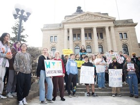 Students from multiple Regina high schools gather at the Saskatchewan Legislative Building in support of teachers on Friday, April 12, 2024 in Regina. KAYLE NEIS / Regina Leader-Post
