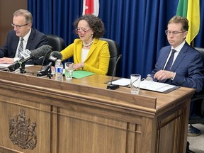 From left to right, Minister of Energy and Resources Jim Reiter, Minister of Justice Bronwyn Eyre and Economic Impact Assessment Tribunal Chair Michael Milani prepare to speak with media on Monday, April 8, 2024 in Saskatoon.