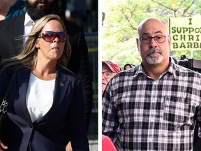 Convoy protest organizers Tamara Lich and Chris Barber head into court Tuesday, Sept. 5, 2023. Photos by Tony Caldwell/Postmedia (Lich) and Justin Tang/The Canadian Press (Barber)