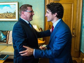 Prime Minister Justin Trudeau meets with Premier Scott Moe in the Premier's Office at the legislative building in Regina, Sask. in March of 2018. BRANDON HARDER/ Regina Leader-Post