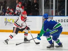 Moose Jaw Warriors forward Brayden Yager carries the puck against the Swift Current Broncos in the 2023-24 WHL playoffs.
