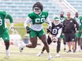 Saskatchewan Roughriders offensive lineman Trevor Reid (60) on the field during day three of Rider training camp at Griffiths stadium in Saskatoon, Sask. on Tuesday, May 14, 2024.