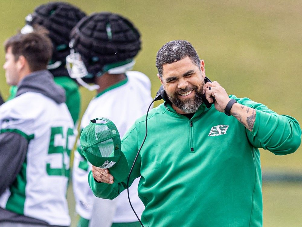 Saskatchewan Roughriders head coach Corey Mace during Green and White Day at SMF Field. Photo taken in Saskatoon, Sask. on Saturday, May 18, 2024.