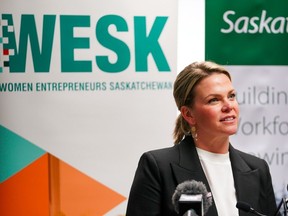 Women Entrepreneurs of Saskatchewan CEO Miriam Johnson speaks during a press conference about funding for women entrepreneurs of the province in Saskatoon, Saskatchewan on Wednesday, May 22, 2024.