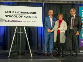 David and Irene Dubé with Sask Polytech President and CEO Larry Rosia (right) at a media event on May 7 2024, where it was announced the family donated $7.5 million to support the new campus.