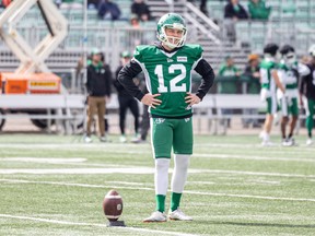 Saskatchewan Roughriders kicker Brett Lauther on the field for Green and White day at SMF Field.