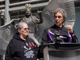 Deb and Brian Gallagher speak during a news conference commemorating the fifth anniversary of the final report on the national inquiry into Missing and Murdered Indigenous Women and Girls. Photo taken in Saskatoon, Sask. on Thursday, June 6, 2024.