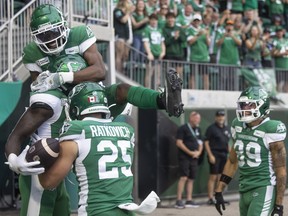 Saskatchewan Roughriders receiver Samuel Emilus (19) jumps in the air after a Saskatchewan Roughriders touchdown during the first half of CFL action at Mosaic Stadium on Sunday, June 23, 2024 in Regina.
