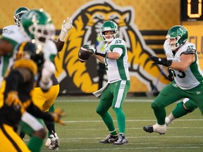Saskatchewan Roughriders quarterback Trevor Harris (7) during first half CFL football action against the Hamilton Tiger Cats, in Hamilton, Ont., Sunday, June 16, 2024.