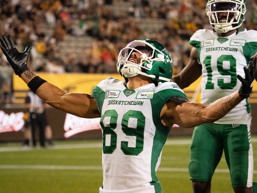 Saskatchewan Roughriders receiver Kian Schaffer-Baker caught two touchdown passes against the Hamilton Tiger-Cats.