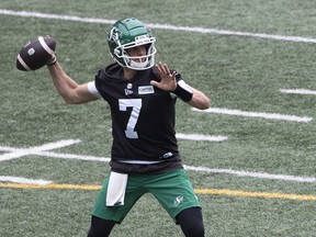 Saskatchewan Roughriders quarterback Trevor Harris runs a drill during practice at Mosaic Stadium on Monday, June 3, 2024 in Regina.