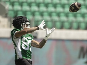 Saskatchewan Roughriders receiver Jerreth Sterns catches the ball during practice at Mosaic Stadium on Wednesday, June 12, 2024 in Regina.
