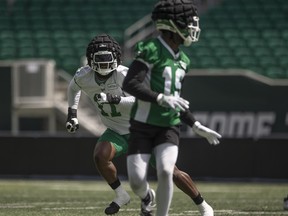 Saskatchewan Roughriders defensive end Malik Carney runs a drill during practice at Mosaic Stadium on Wednesday, June 12, 2024 in Regina.