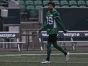 Saskatchewan Roughriders receiver Kian Schaffer-Baker runs a drill during practice at Mosaic Stadium on Wednesday, June 19, 2024 in Regina.