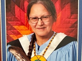 Shirley Irwin, 63, returned to the classroom to fulfill her life-long dream to be a university graduate. On June 15, 2024, she walked across the stage to receive her Bachelor of Indigenous Fine Arts from the University of Regina.
