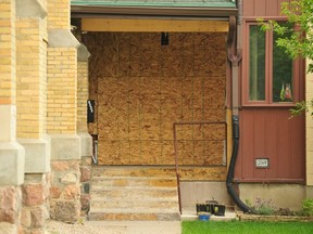 The entrance that was damaged in an arson fire at the Blessed Sacrament Parish in Regina, Saskatchewan can be seen in this photo taken on July 23, 2024. (BRANDON HARDER/The Leader-Post)