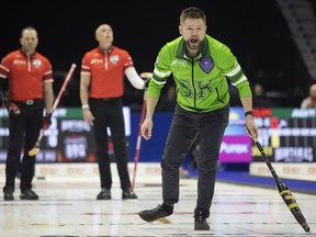 Team Saskatchewan Skip Mike McEwen shouts down the ice as Team Saskatchewan takes on Team Canada in Pool B action at the 2024 Montana's Brier inside the Brandt Centre on Saturday, March 2, 2024 in Regina.