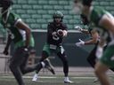 Saskatchewan Roughriders quarterback Shea Patterson (5) runs a drill  during practice at Mosaic Stadium on Tuesday, July 16, 2024 in Regina.