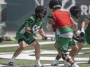 Saskatchewan Roughriders offensive lineman Jacob Brammer runs a drill  during practice at Mosaic Stadium on Tuesday, July 16, 2024 in Regina.