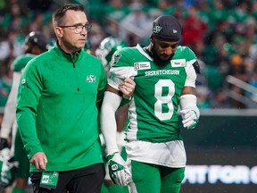Saskatchewan Roughriders defensive back Marcus Sayles (8) walks off the field during the second half of CFL football action in Regina, on Sunday, June 23, 2024.