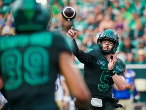 Saskatchewan Roughriders quarterback Shea Patterson (5) throws the football against Winnipeg Blue Bombers during the first half of CFL football action in Regina, on Friday, July 19, 2024.