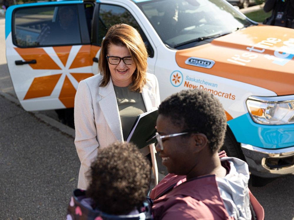 ndp leader carla beck greets supporters during a press conference after releasing her party’s full election platform. photo taken in saskatoon, sask. on friday, oct. 11, 2024. (michelle berg / saskatoon starphoenix).