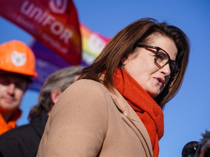 carla beck at a rally in regina
