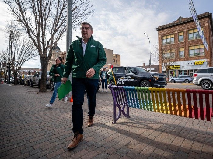  saskatchewan party leader scott moe arrives at a campaign event in moose jaw, sask., on thursday, oct. 24, 2024.