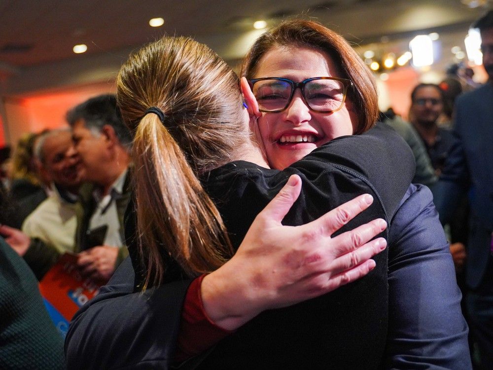  saskatchewan ndp leader carla beck embraces a supporter after delivering her concession speech on election night in regina.