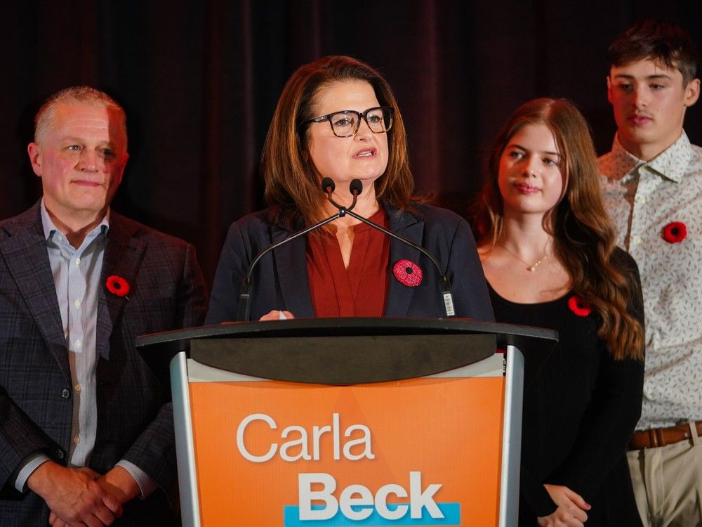 saskatchewan ndp leader carla beck with her family on election night