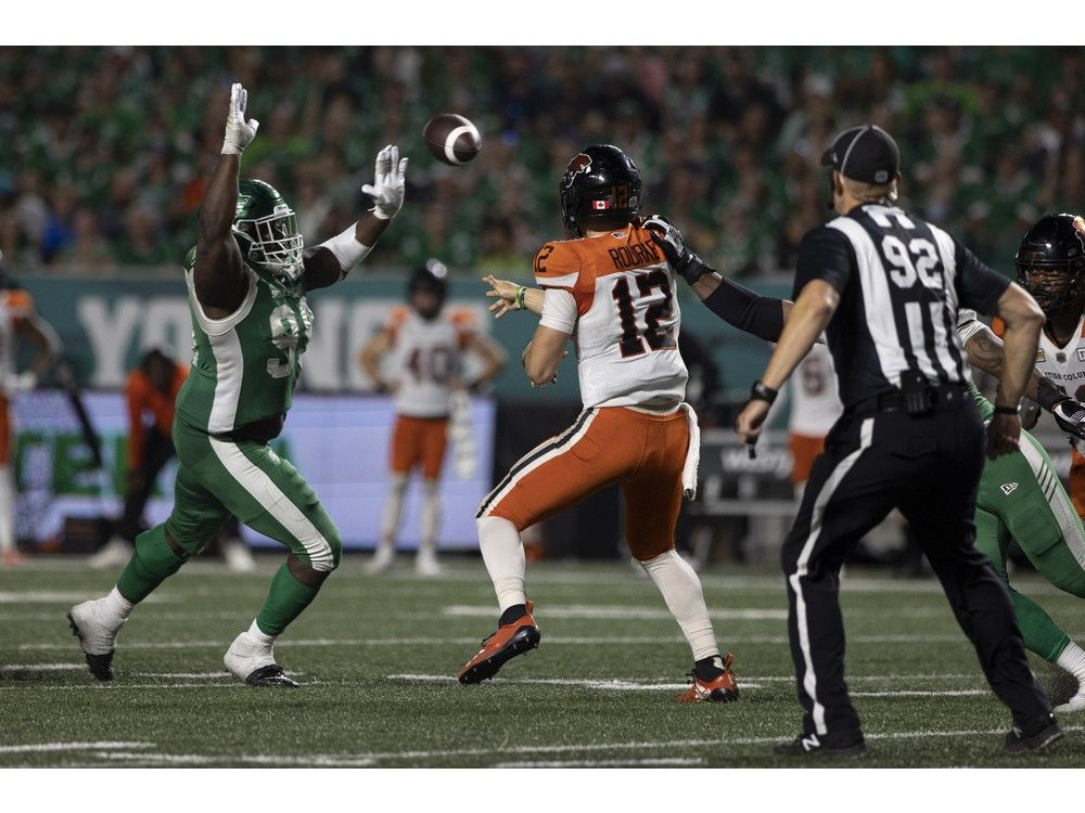 Saskatchewan Roughriders defensive lineman Charbel Dabire (99) goes to block the ball during the second half of CFL action at Mosaic Stadium on Friday, July 29, 2022 in Regina.