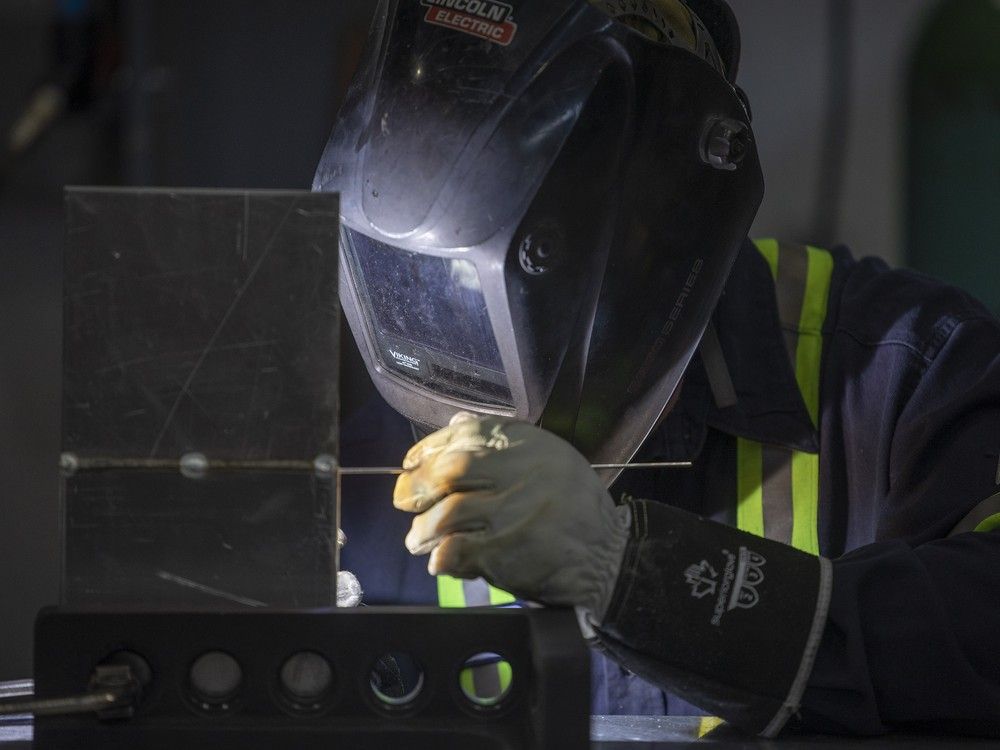  a welder welds aluminum inside pro metal industries ltd on tuesday, feb. 11, 2025 in regina.