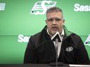 Saskatchewan Roughriders general manager Jeremy O'Day speaks to media following the opening day of CFL free agency inside Mosaic Stadium on Wednesday, February 12, 2025 in Regina.