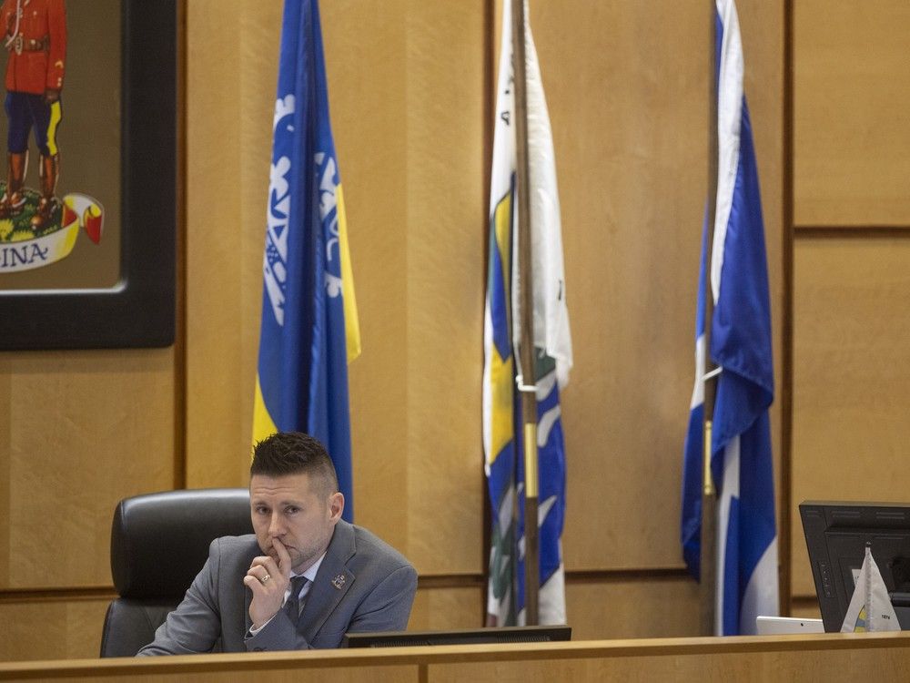  mayor chad bachynski sits in chambers at henry baker hall during a council meeting hall on wednesday, february 12, 2025 in regina.