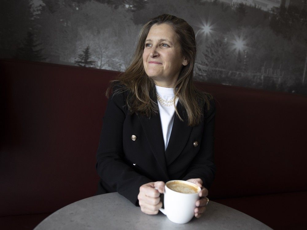  liberal leadership candidate chrystia freeland sits in a brewed awakening coffee shop during an interview with the leader-post on friday feb. 14, 2025 in regina.