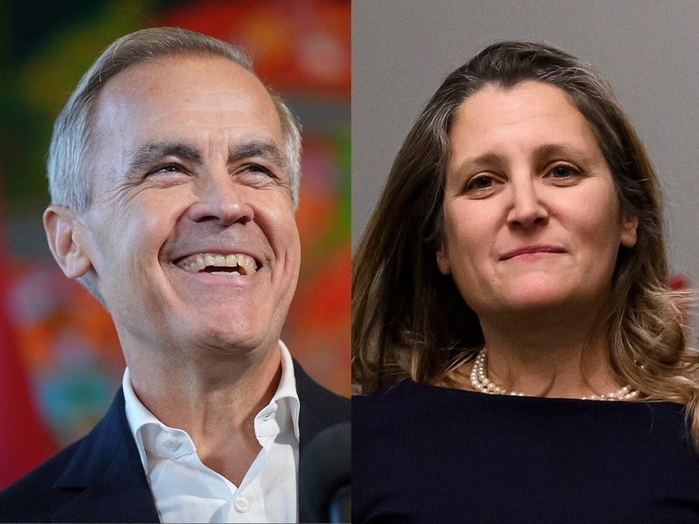 The candidates are presented to the leadership of the liberal party in these recent files and humans to Mark Carney (left) and Churchtia Frieland (right).