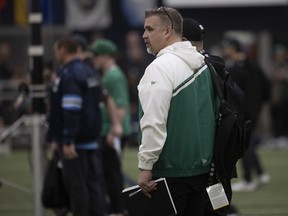 Vice President of Football Operations at the Saskatchewan Roughriders Jeremy OÕDay watches combine events during the CFL Combine at AffintyPlex on the REAL district on Friday, March 21, 2025 in Regina.
