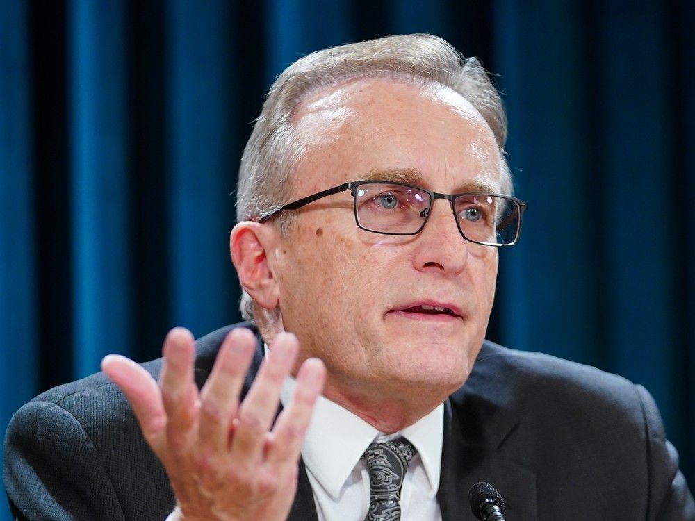 Saskatchewan Finance Minister Jim Reiter speaks during a press conference in Regina, on Thursday, November 28, 2024.